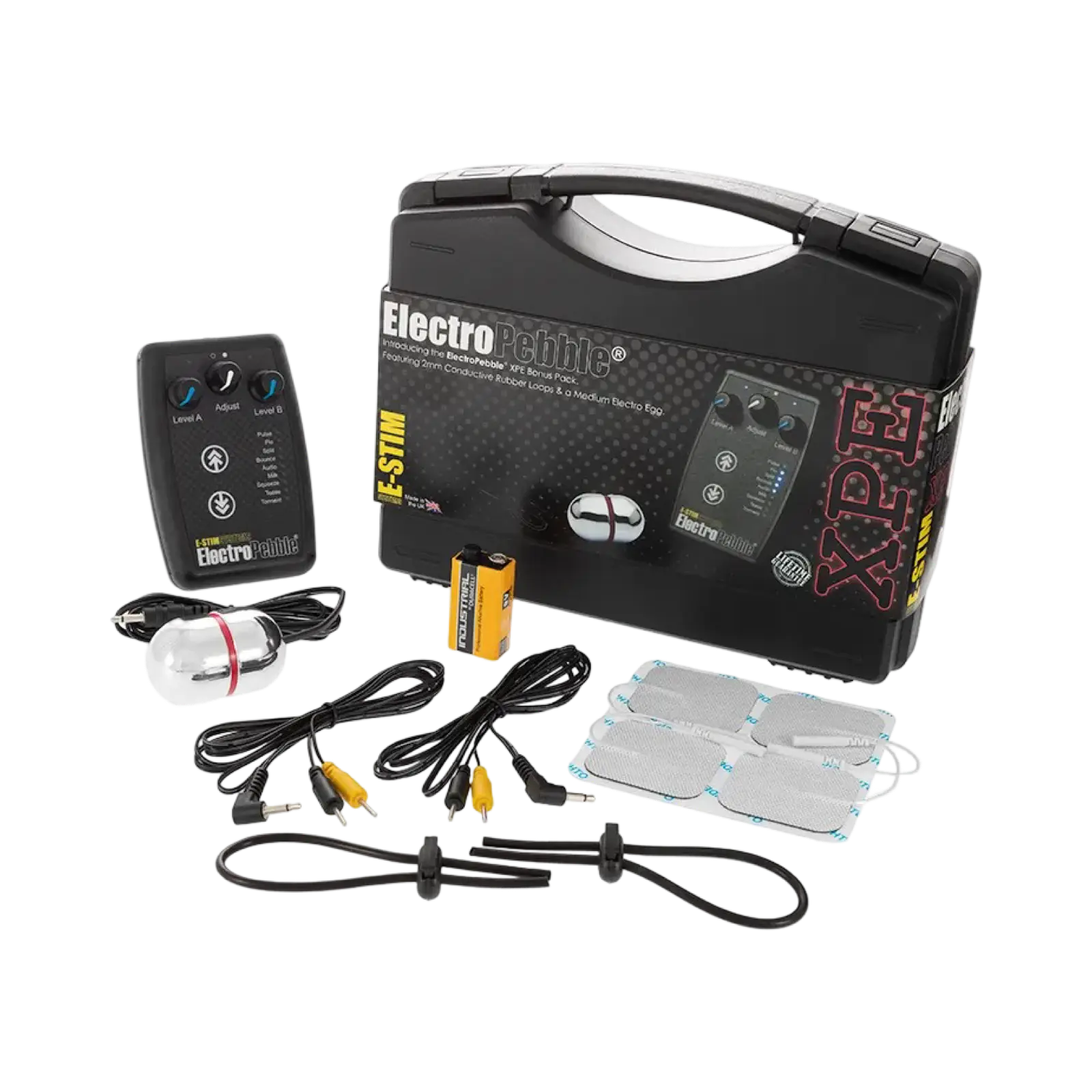 ElectroPebble XPE E-Stim-set med strömförsörjningsenhet, Medium Electro Egg och ledande gummiband.