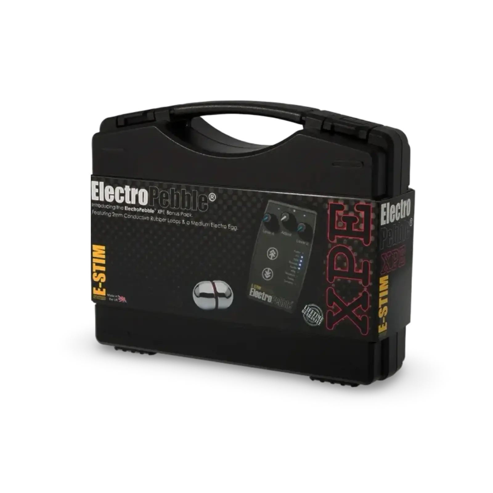 ElectroPebble XPE E-Stim-set med strömförsörjningsenhet, Medium Electro Egg och ledande gummiband.