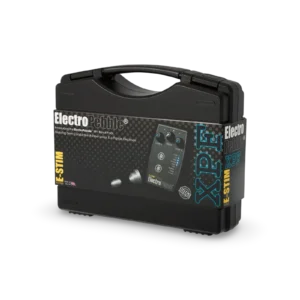 ElectroPebble XPF E-Stim strömbox-set med Satin Flange-elektrod och ledande gummiloopar.